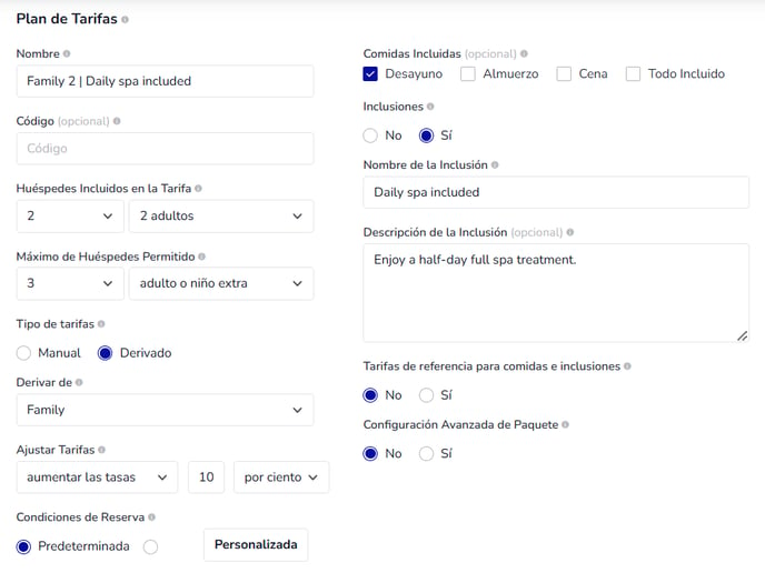 Plan de tarifas configurado como Derivado